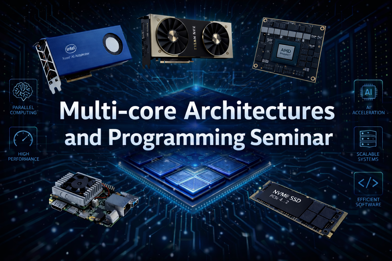 An image showing a “Multicore Architecture Map Seminar” text centered in the middle. Around it are various types of multicore architectures illustrated, including GPUs, CPUs, manycore processors, and heterogeneous computing systems.